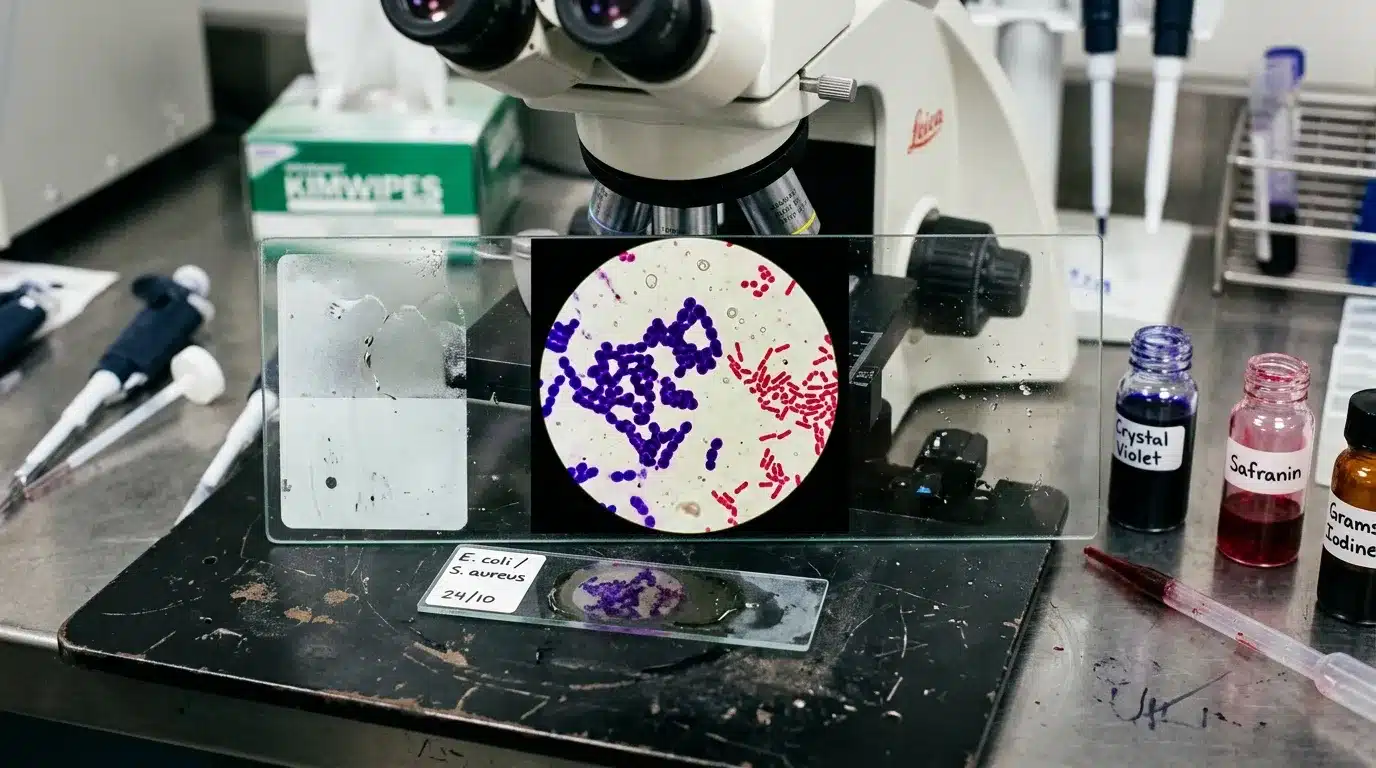 Microscope avec lames colorées de bactéries Aureus en laboratoire