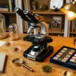 Bureau d'observation naturelle avec microscope et spécimens biologiques