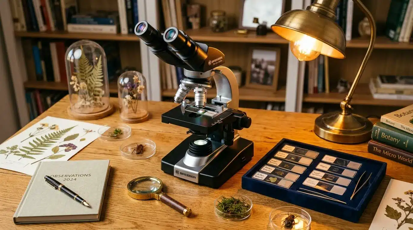 Bureau d'observation naturelle avec microscope et spécimens biologiques