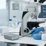 Scientifique en blouse blanche examine échantillon au microscope en laboratoire