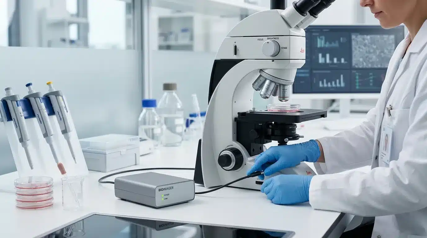 Scientifique en blouse blanche examine échantillon au microscope en laboratoire