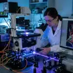 Scientifique manipule équipement laser dans laboratoire de recherche