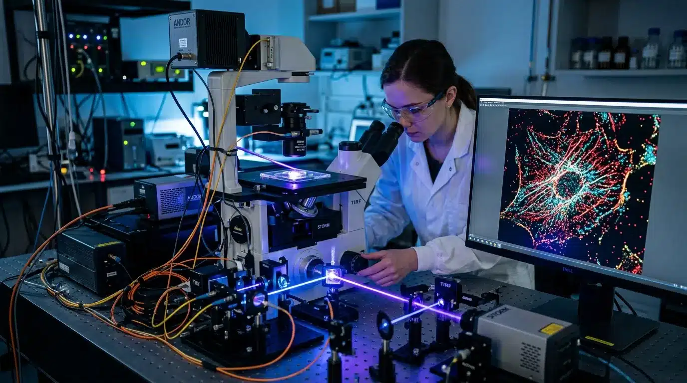 Scientifique manipule équipement laser dans laboratoire de recherche