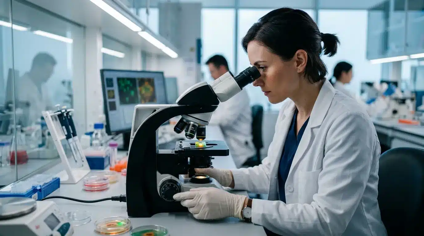 Scientifique en blouse blanche observant des cultures au microscope
