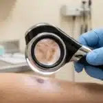 Médecin examine une lésion cutanée au dermoscope grossissant.