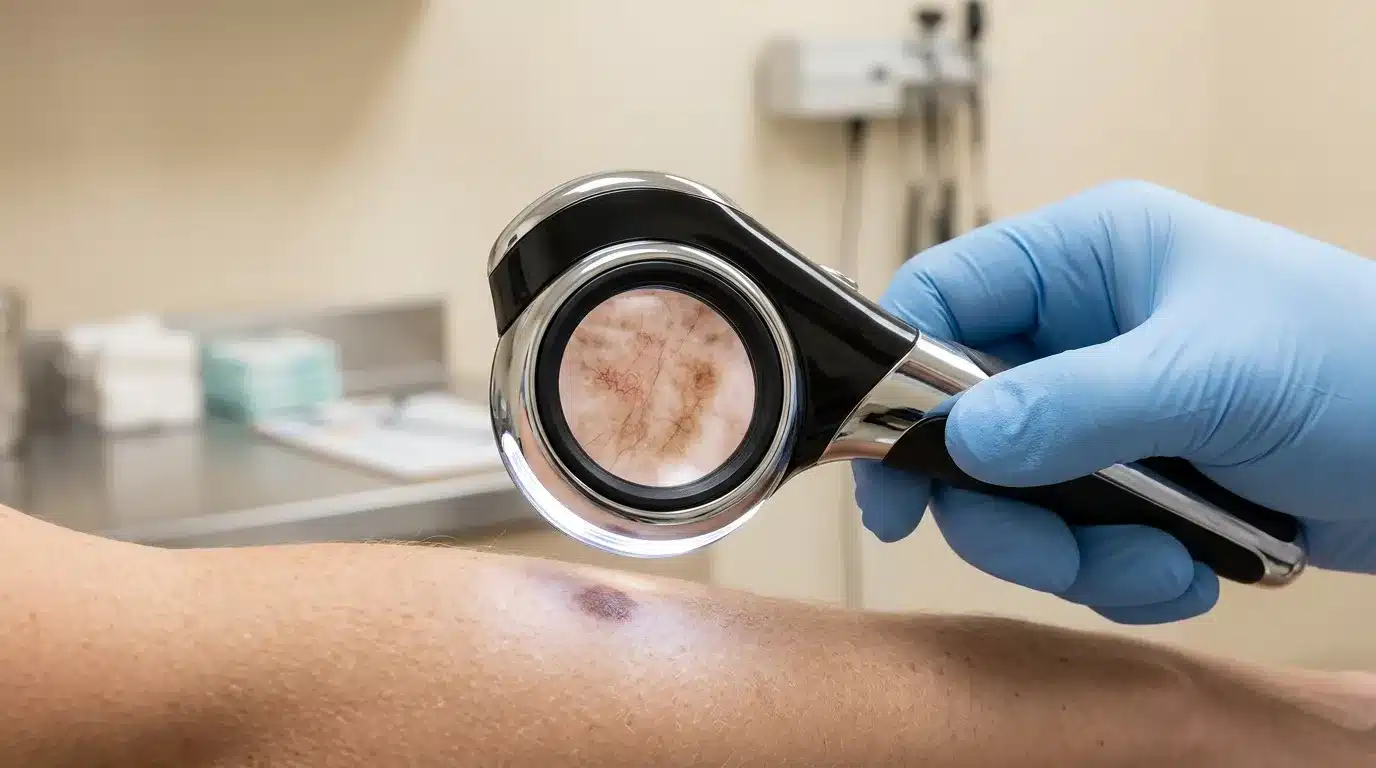 Médecin examine une lésion cutanée au dermoscope grossissant.