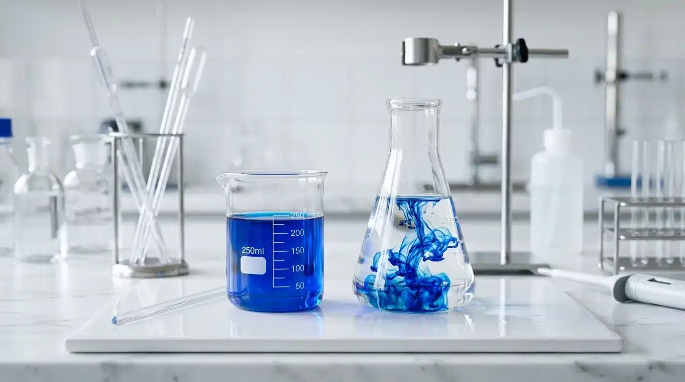 Deux flacons contenant un liquide bleu dans un laboratoire