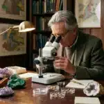 Savant âgé observe des cristaux au microscope dans son bureau