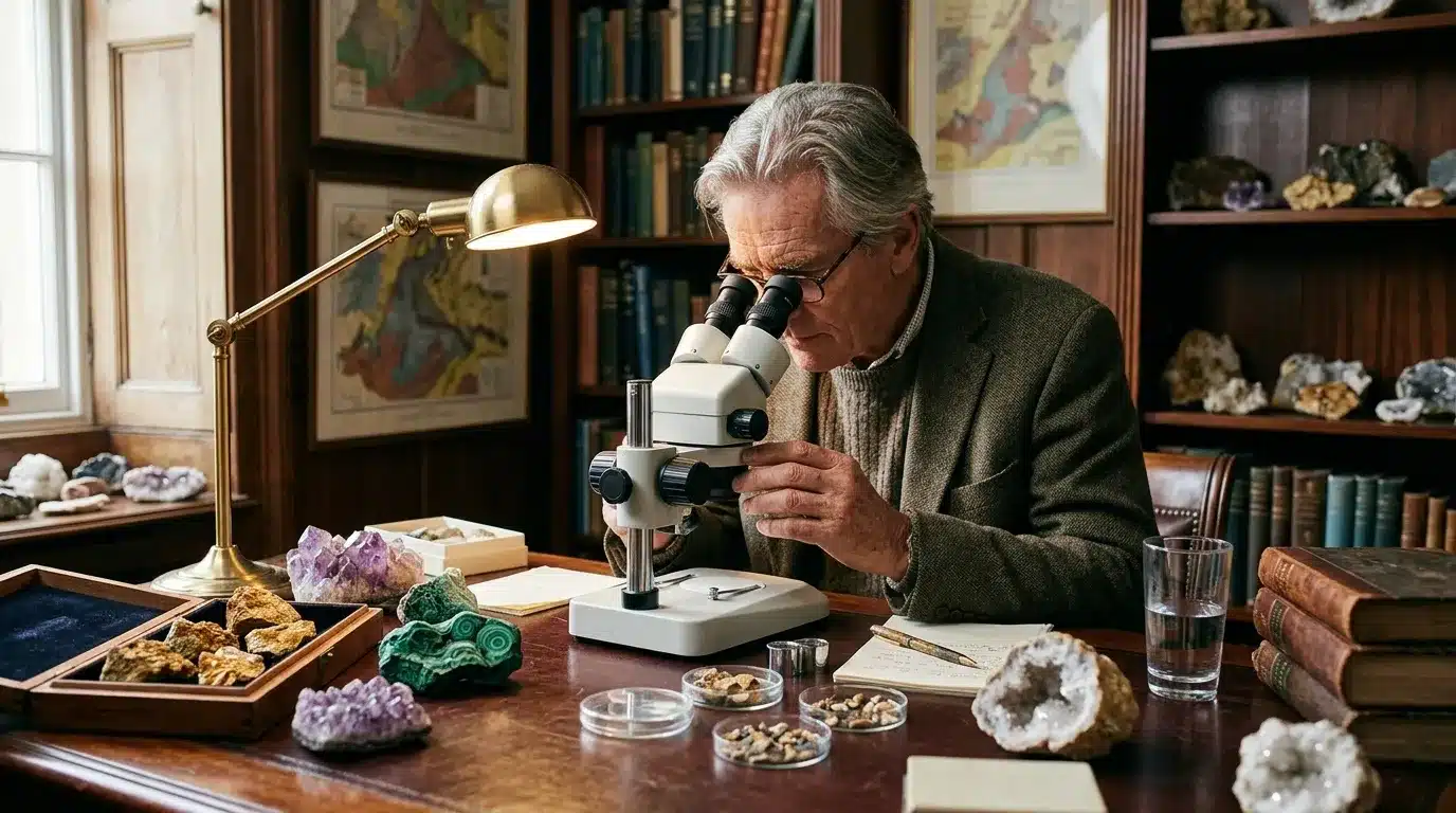 Savant âgé observe des cristaux au microscope dans son bureau