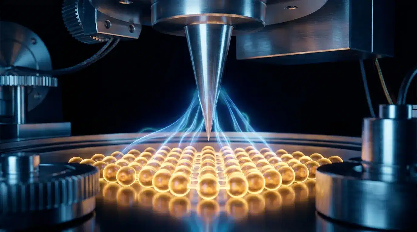Imprimante 3D déposant des micro-sphères dorées brillantes