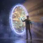 Homme interagissant avec une sphère numérique brillante futuriste