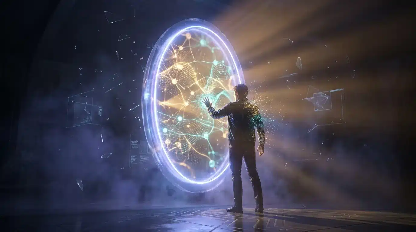 Homme interagissant avec une sphère numérique brillante futuriste