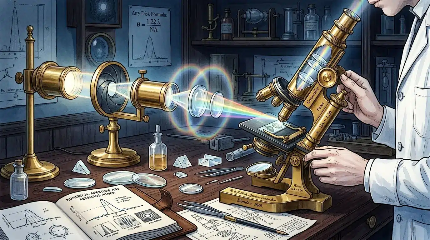Scientifique observe la diffraction lumineuse avec microscope doré