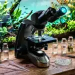 Microscope noir avec échantillons aquatiques et aquarium en arrière-plan