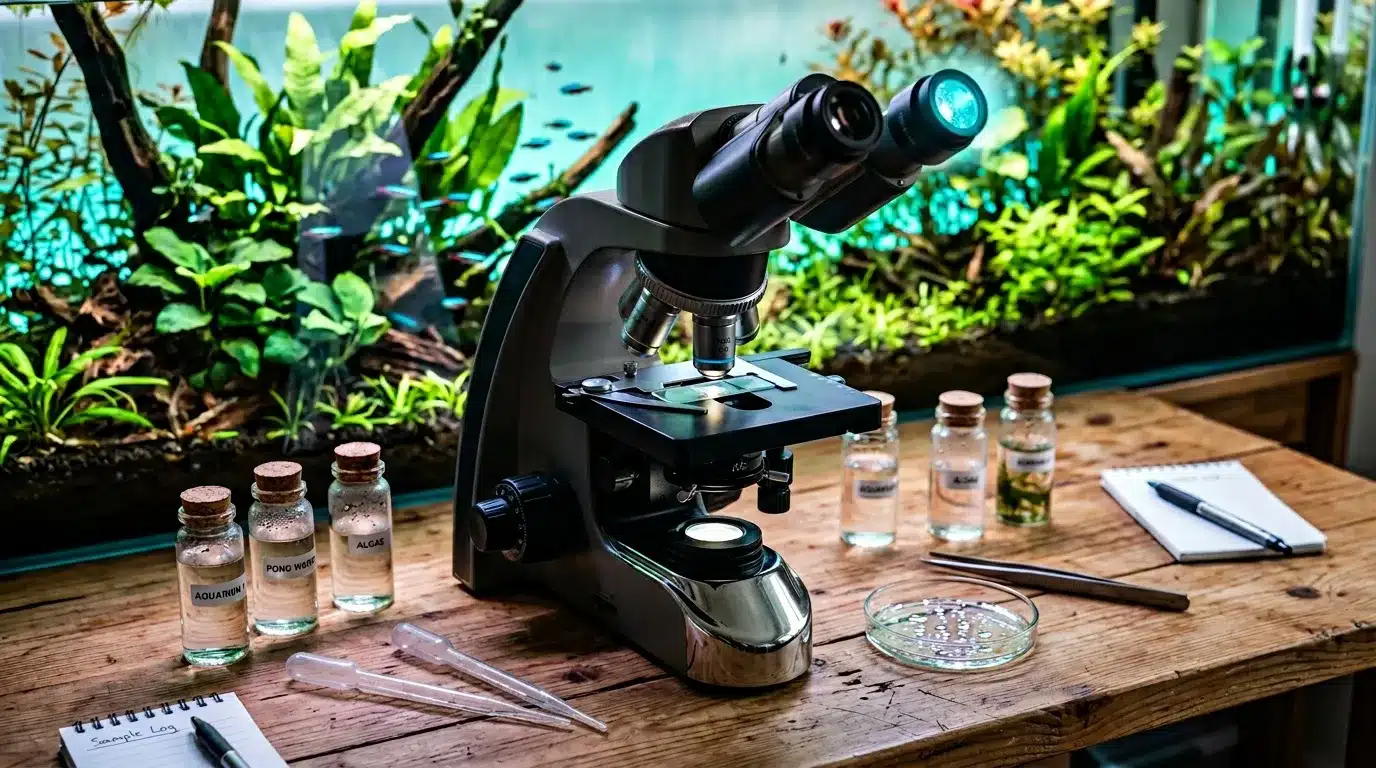 Microscope noir avec échantillons aquatiques et aquarium en arrière-plan