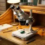 Microscope binoculaire avec insecte vert sur bureau bois