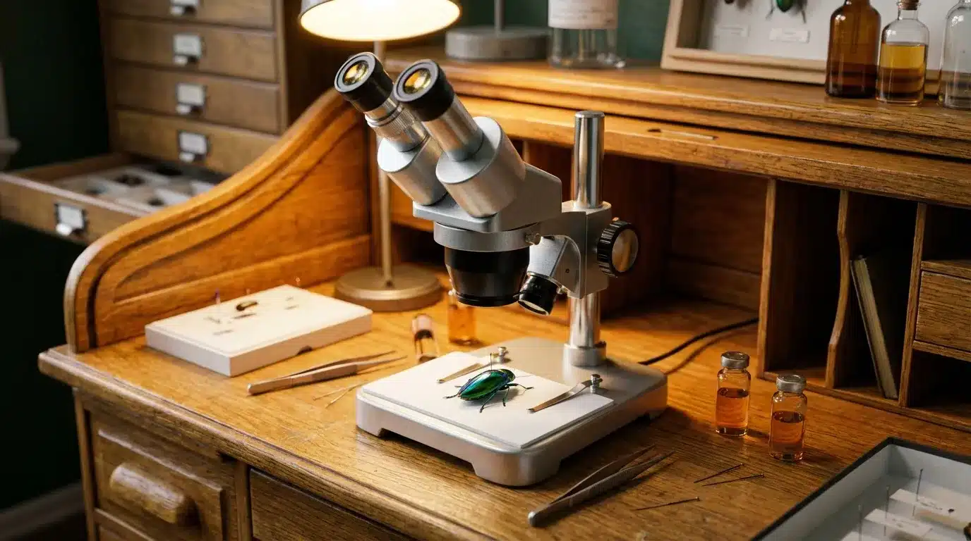 Microscope binoculaire avec insecte vert sur bureau bois