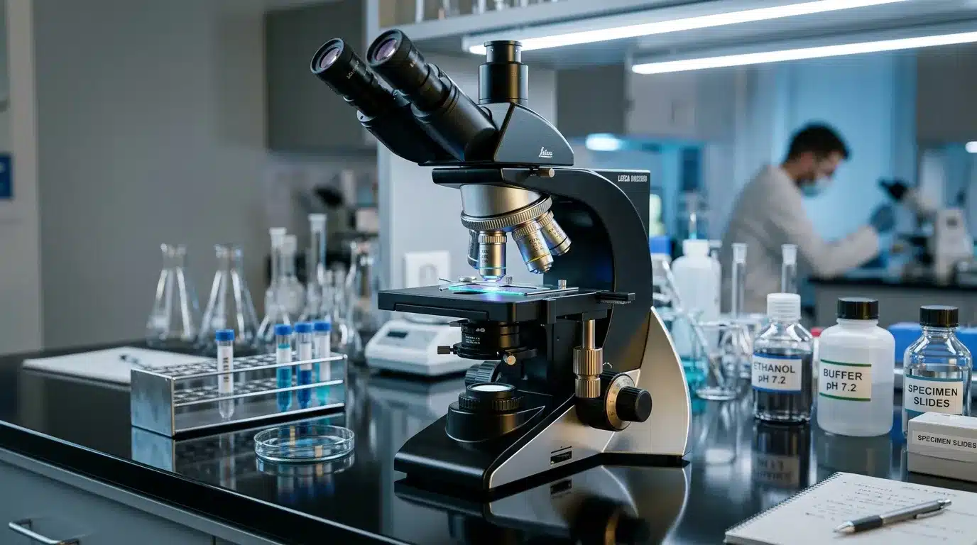 Microscope Leica dans un laboratoire avec équipements scientifiques