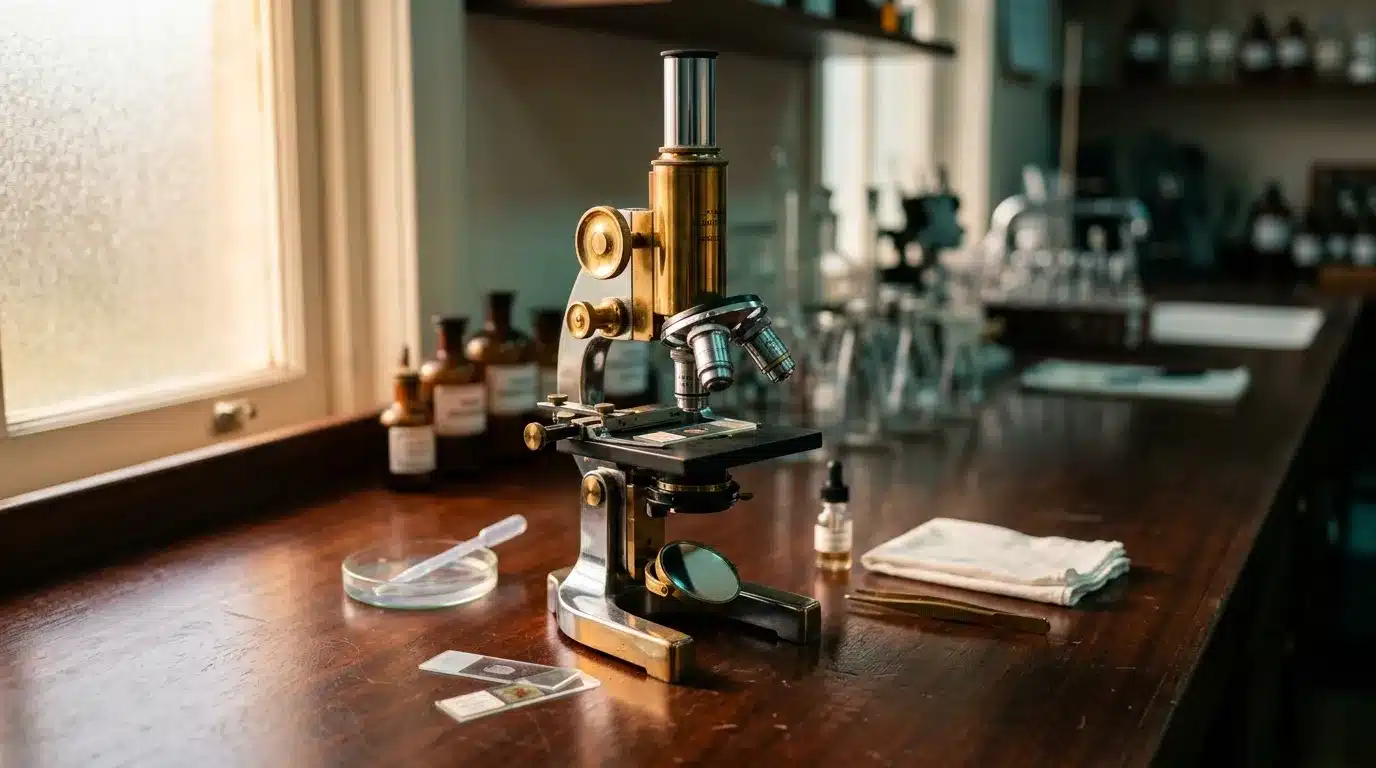 Microscope vintage dans un laboratoire avec équipements scientifiques