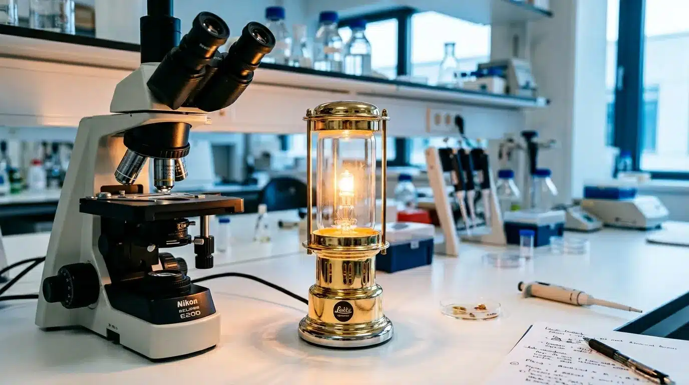 Microscope Nikon et lampe vintage sur paillasse laboratoire
