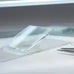 Lames de verre et pincettes sur surface blanche de laboratoire