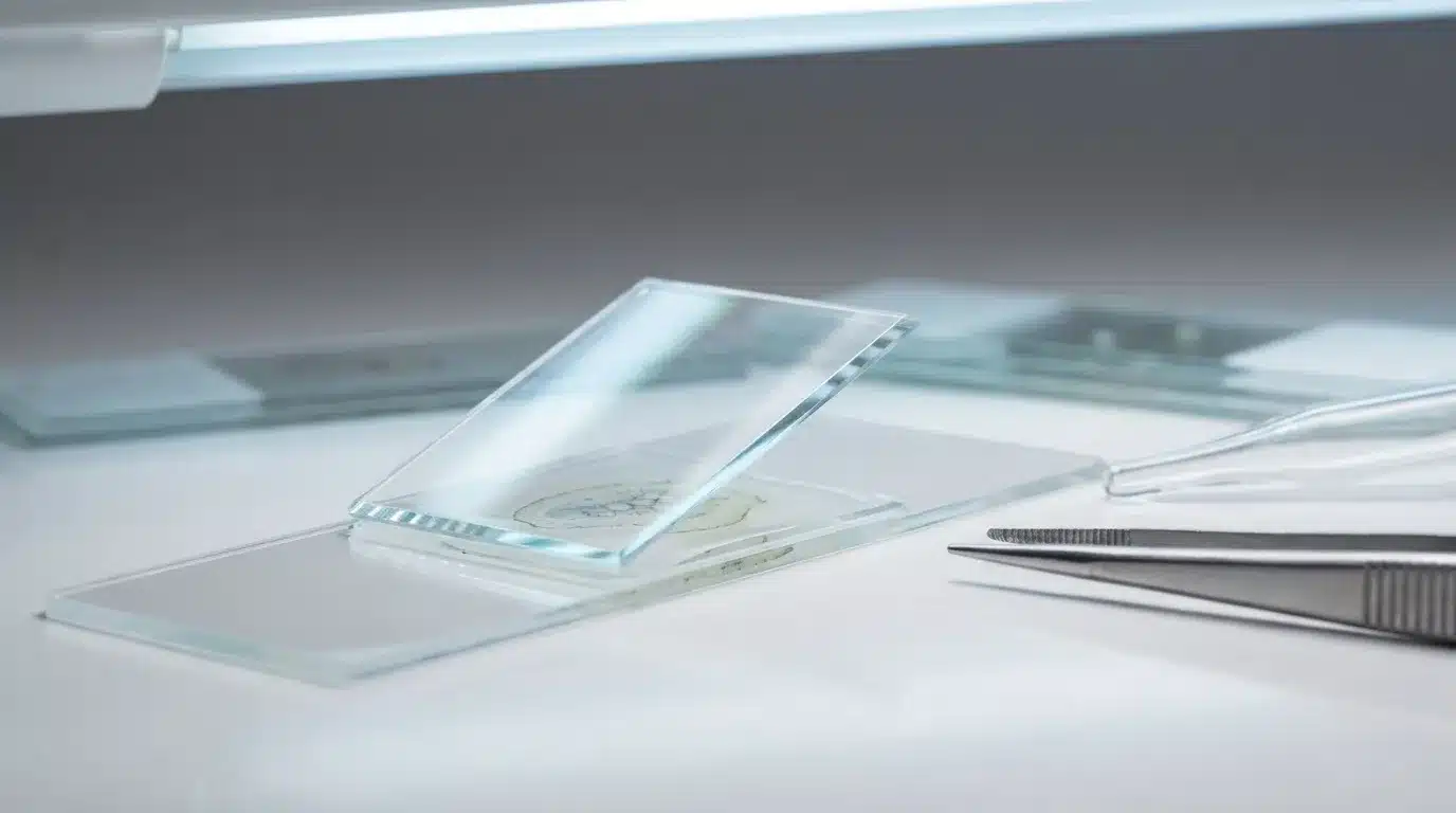 Lames de verre et pincettes sur surface blanche de laboratoire