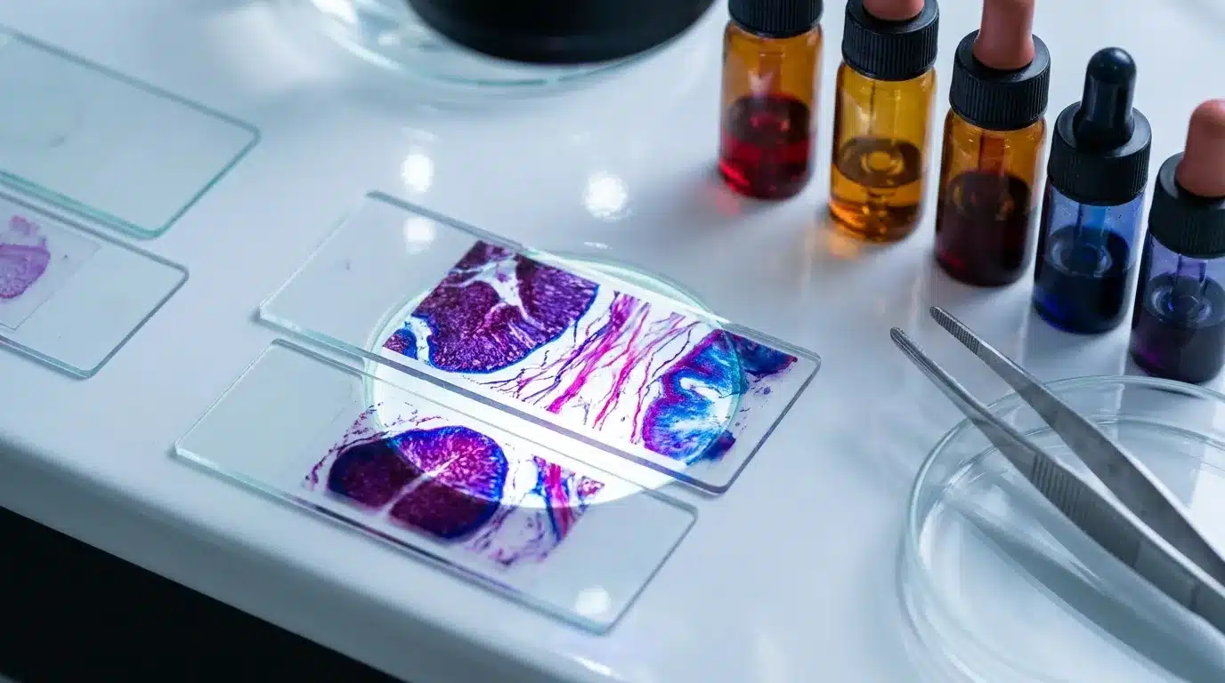 Microscope et lames histologiques colorées avec réactifs