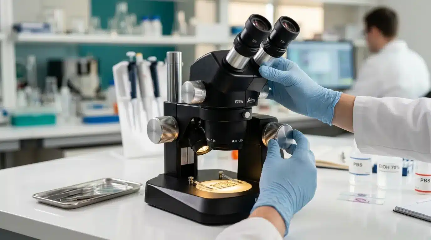 Scientifique avec gants manipulant un microscope Leica en laboratoire