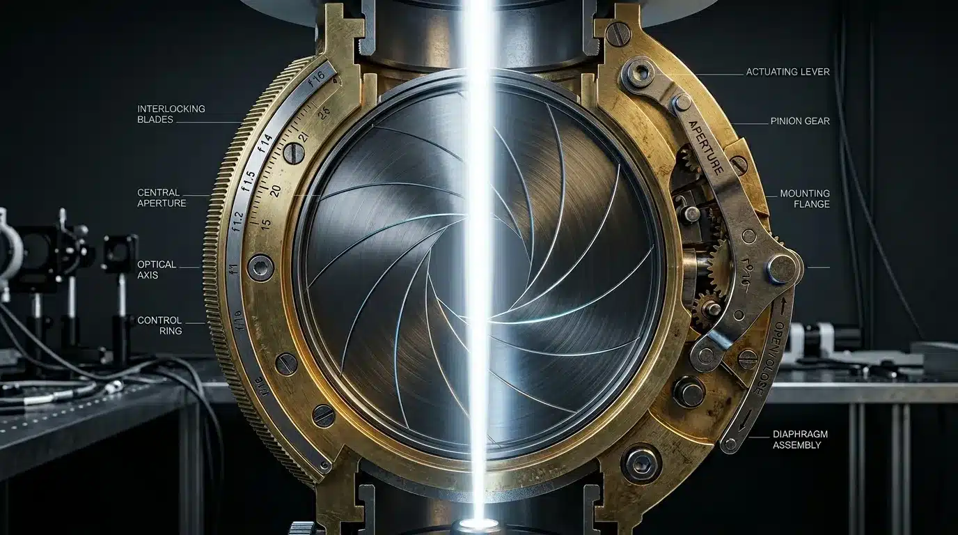 Diaphragme photographique avec lames interlockées et composants annotés