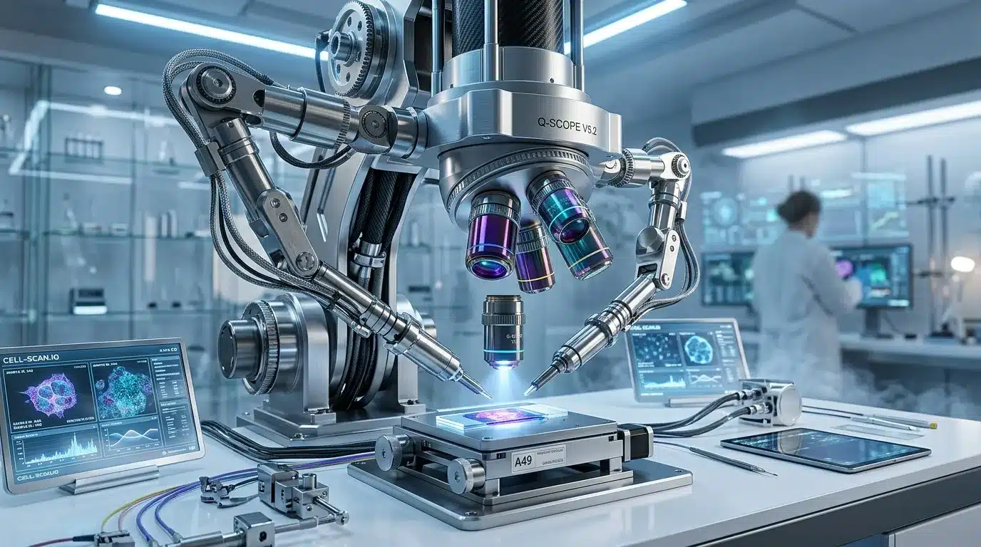 Microscope Q-SCOPE V52 avec bras robotisés dans un laboratoire moderne