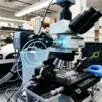 Chercheur utilisant un microscope confocal avancé en laboratoire