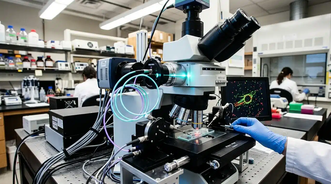 Chercheur utilisant un microscope confocal avancé en laboratoire