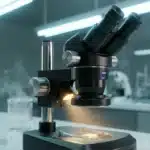 Microscope binoculaire noir avec illumination dans laboratoire