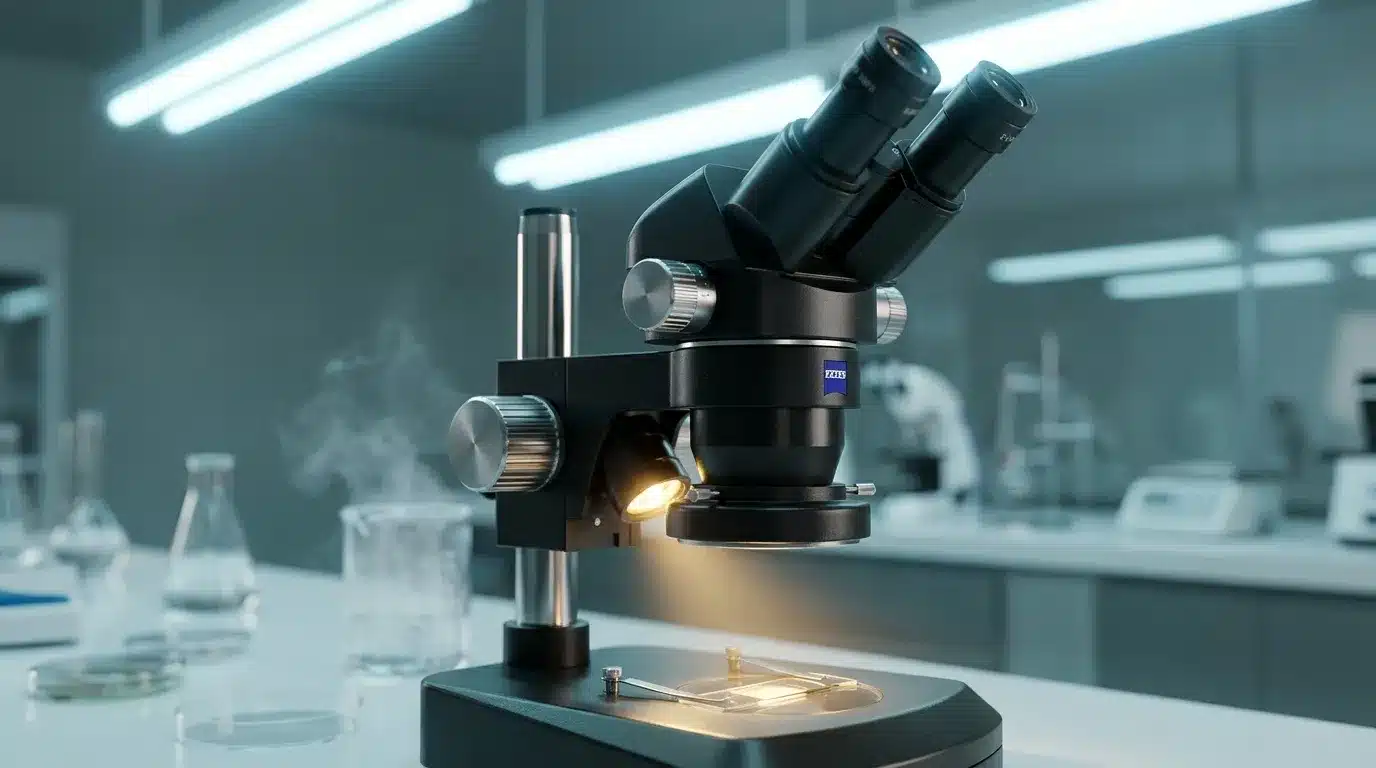 Microscope binoculaire noir avec illumination dans laboratoire