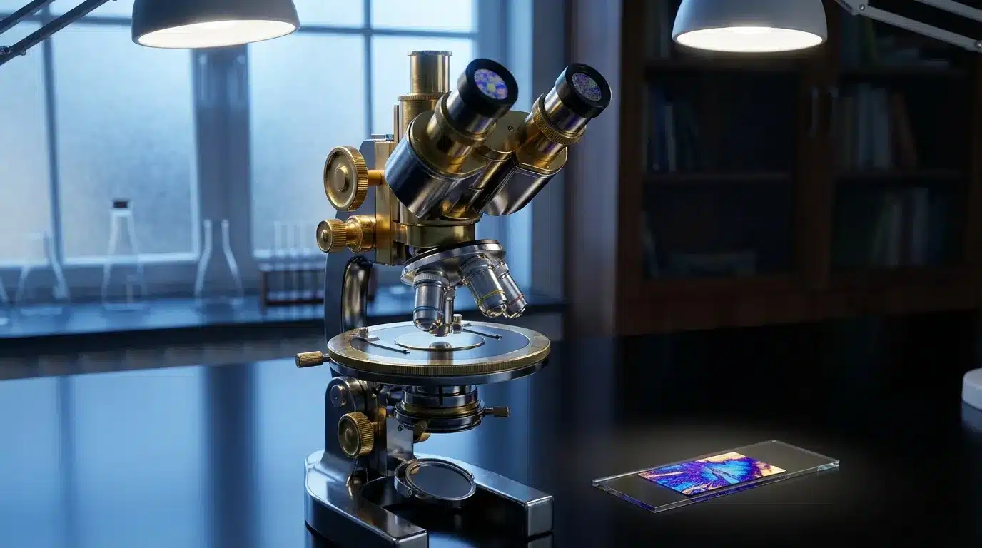 Microscope binoculaire doré sur bureau de laboratoire professionnel