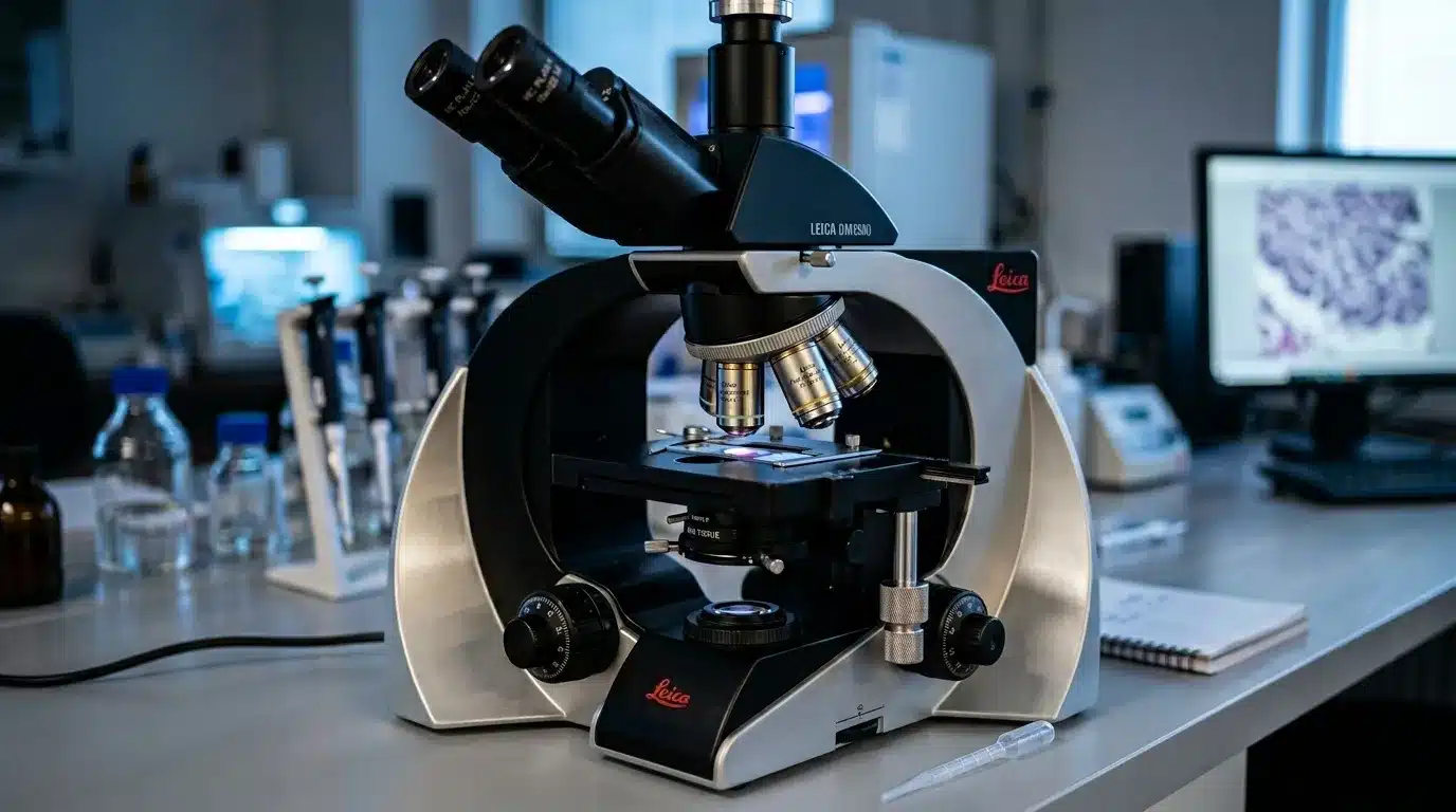Microscope professionnel Leica sur paillasse de laboratoire