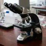 Microscope binoculaire Levenhuk sur table de laboratoire avec fioles