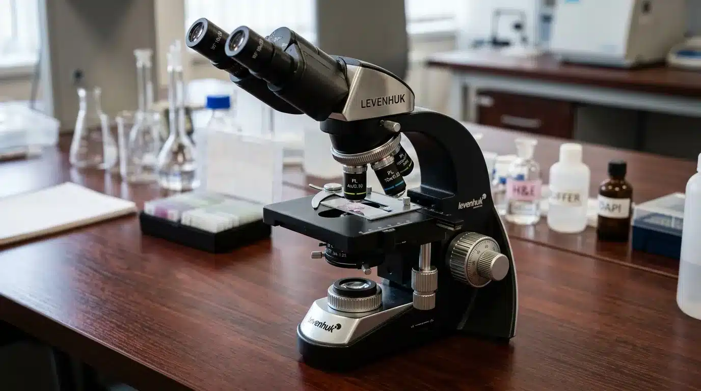 Microscope binoculaire Levenhuk sur table de laboratoire avec fioles
