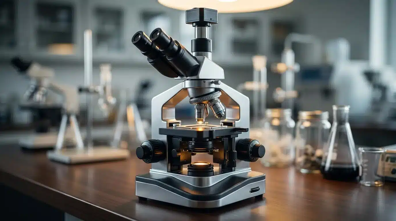 Microscope binoculaire professionnel sur paillasse de laboratoire