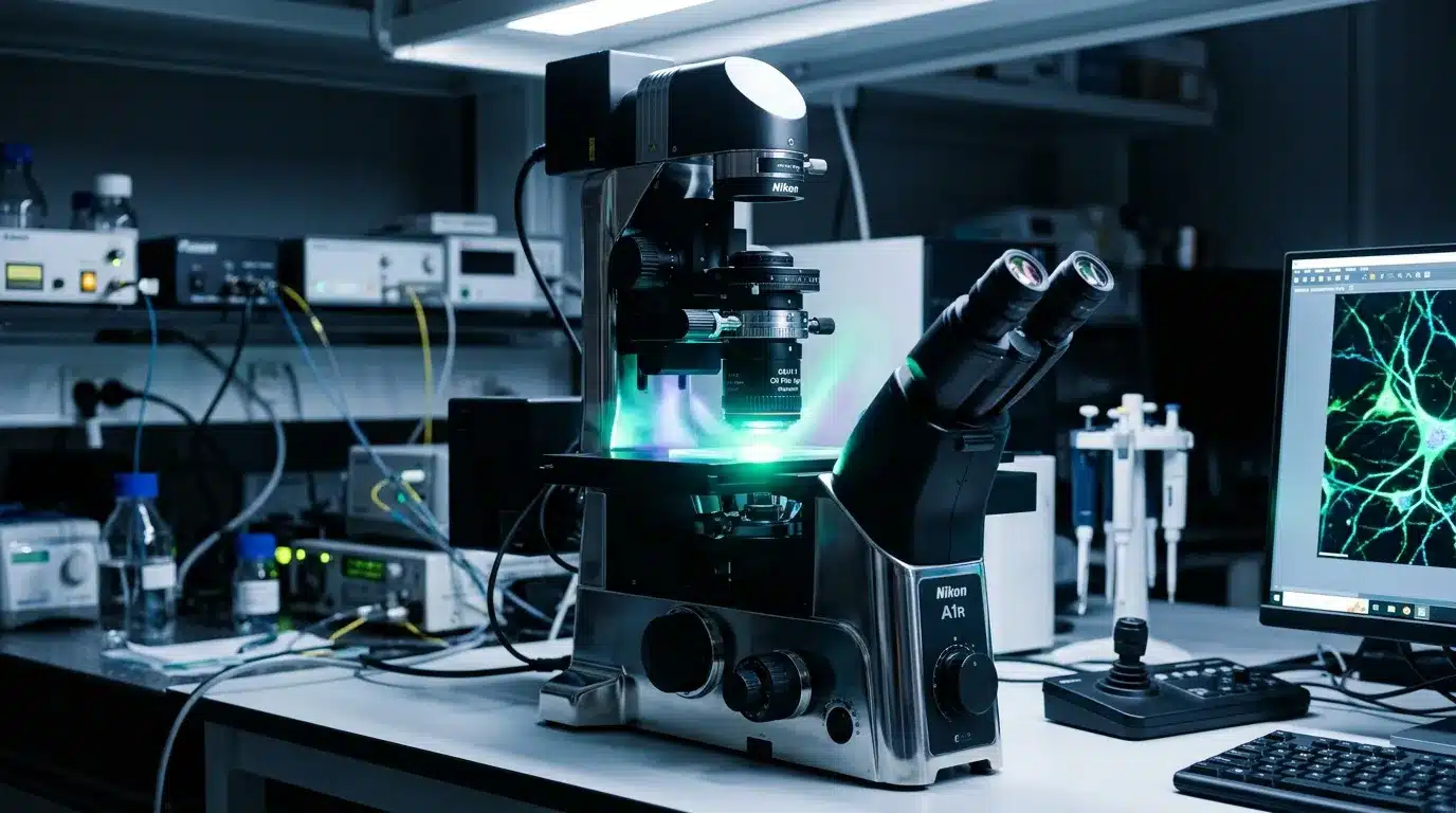 Microscope Nikon avec fluorescence verte en laboratoire scientifique