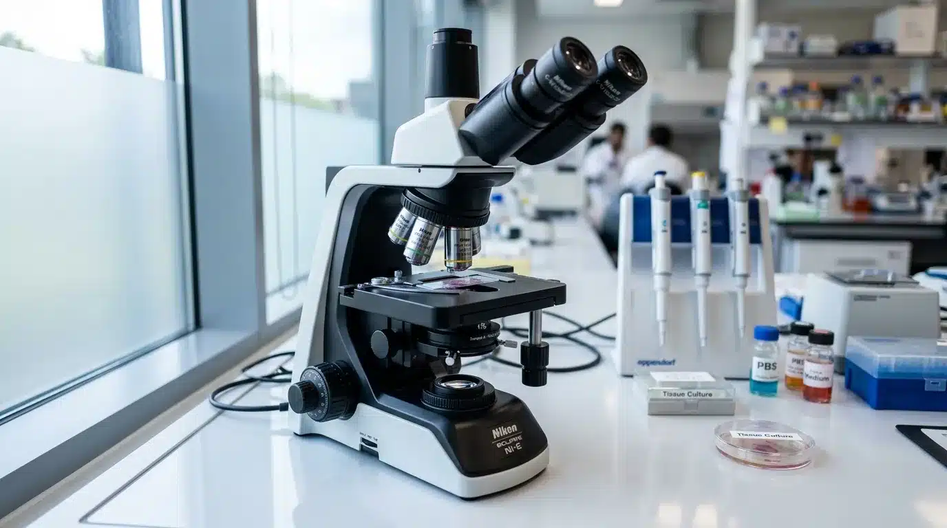 Microscope Nikon binoculaire sur paillasse de laboratoire