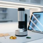 Microscope avec écran tablette et spécimens biologiques sur bureau