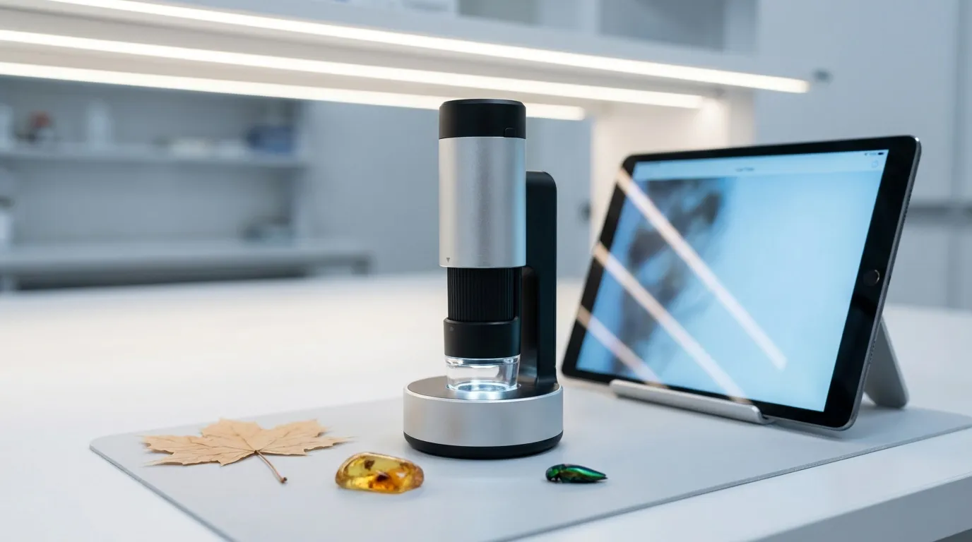 Microscope avec écran tablette et spécimens biologiques sur bureau