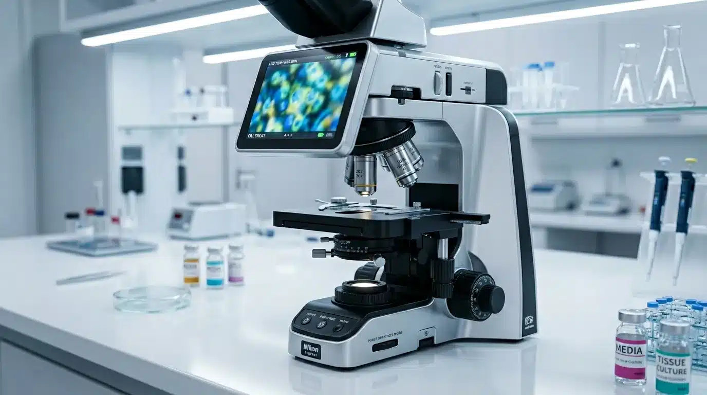 Microscope Nikon avec écran digital affichant des cellules