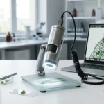 Microscope connecté affichant cellules végétales sur écran portable