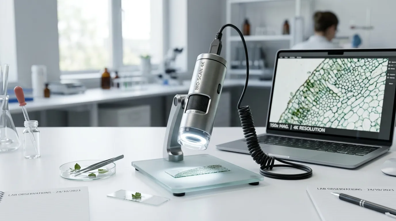 Microscope connecté affichant cellules végétales sur écran portable