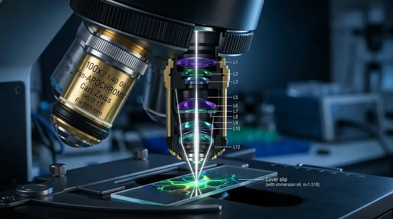 Objectif microscope Carl Zeiss observant préparation avec immersion