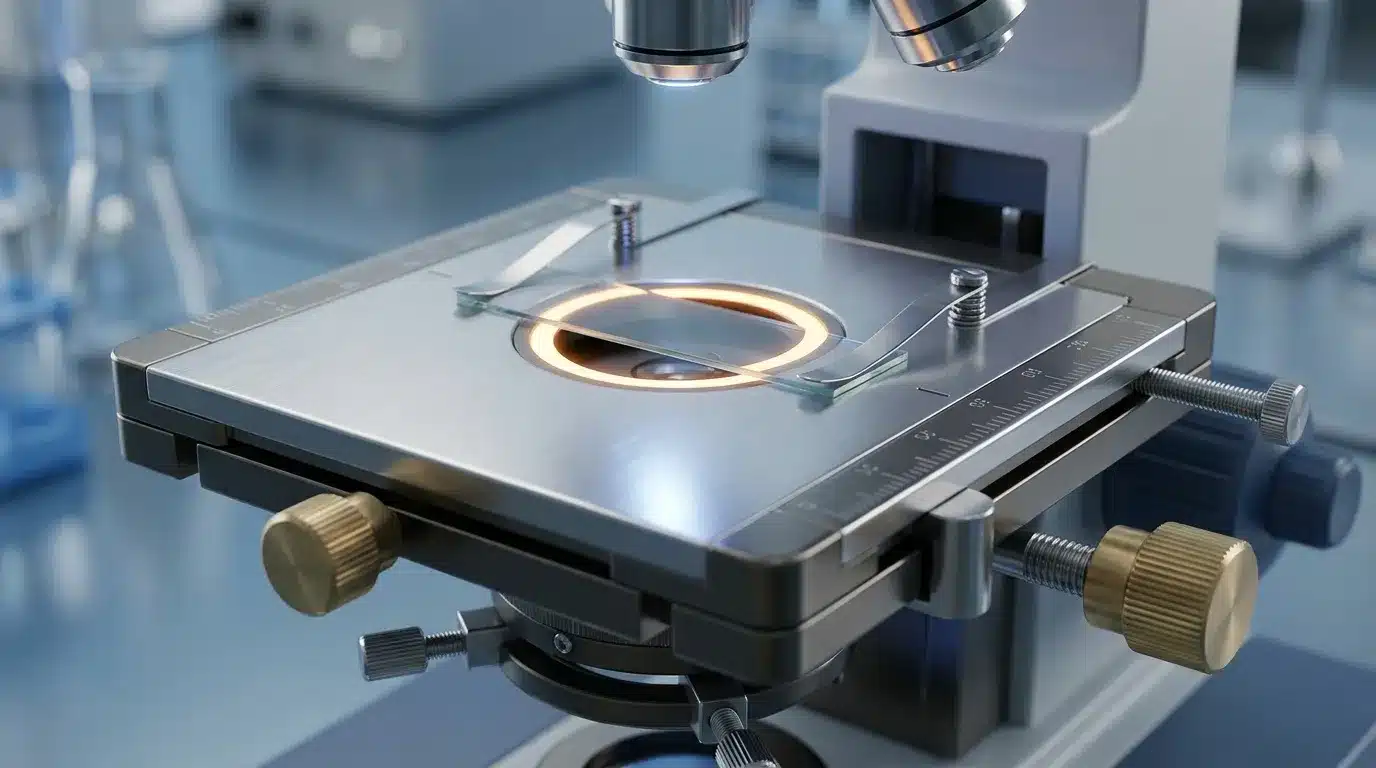 Platine de microscope avec lame illuminée et objectifs