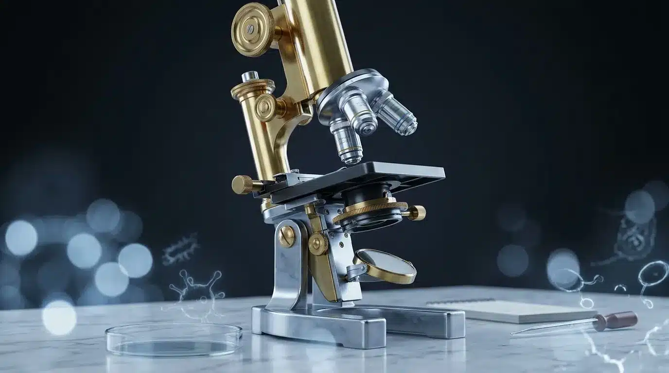 Microscope optique avec lentilles et platine sur surface brillante