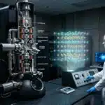 Scientifique opérant microscope électronique haute technologie avec visualisation holographique